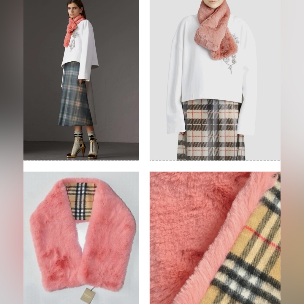 Burberry Chic Scarf With The Vintage Check In Cashmere And Pale Pink Faux Fur